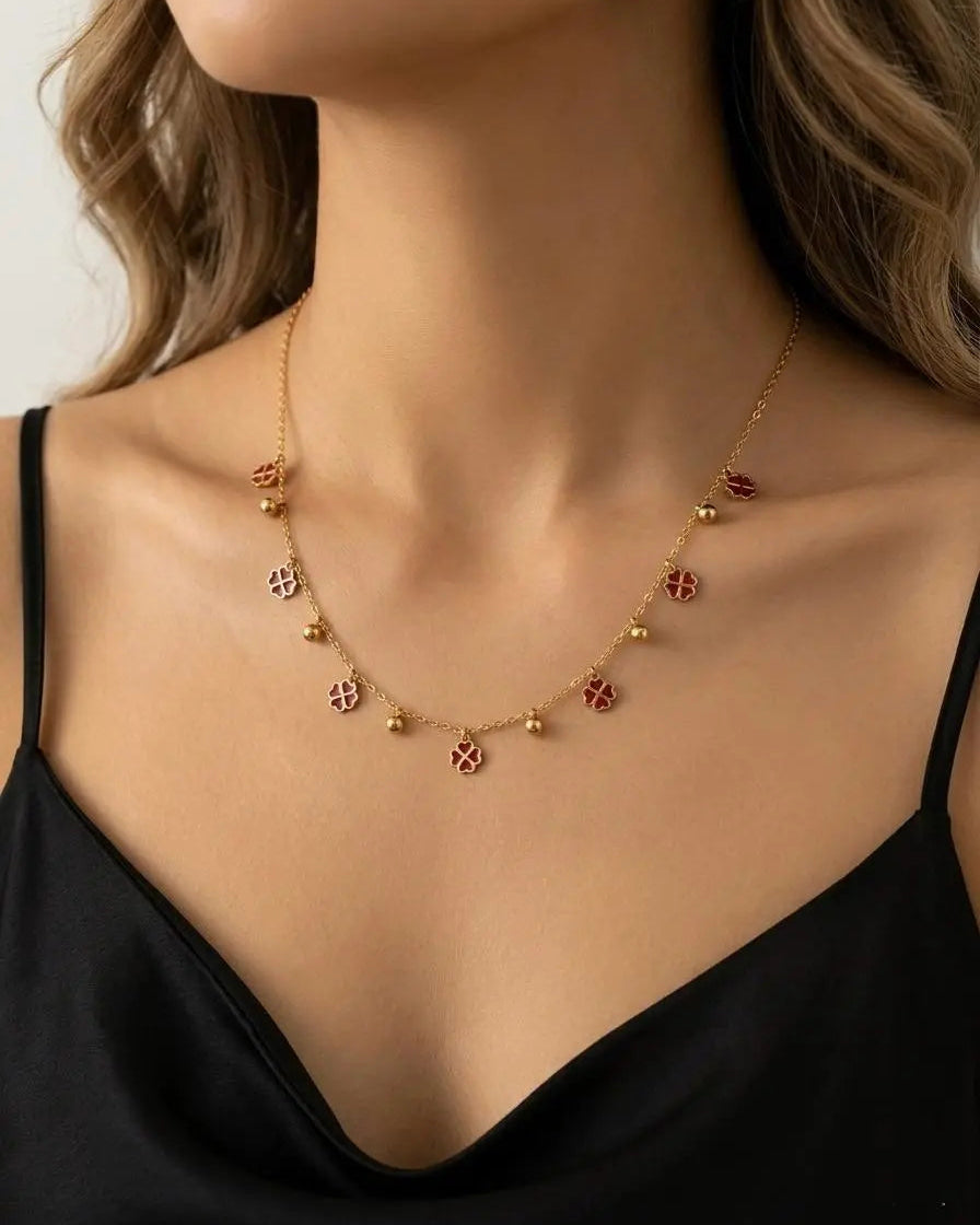 Minimal Charm Necklace With Red Ceramic Flower