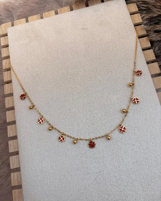 Minimal Charm Necklace With Red Ceramic Flower